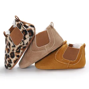 Cozy fleece-lined baby winter walking boots in leopard, tan, and mustard yellow