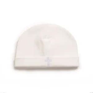 Soft white cotton baby beanie hat with cross embroidery for infants 0-1 years old
