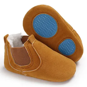 Cozy brown faux suede baby winter walker shoes with warm faux fur lining and non-slip sole