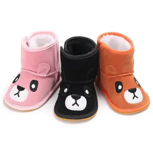 Warm winter baby snow boots featuring cute cartoon bear design and non-slip rubber soles