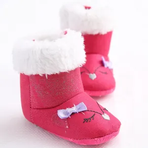 Pink infant winter snow boots with soft sole and cute bow for 0-1 year old baby girls