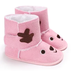 Pink cartoon reindeer baby winter boots with soft warm fleece lining and Velcro