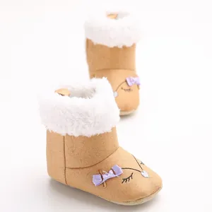 Detail of baby winter snow boots with soft faux fur and cute bow design.