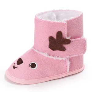 Pink cartoon deer baby winter boots with soft sole and warm faux fur lining for infants