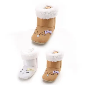 Baby Girls Winter Snow Boots Warm Cotton Fabric Artificial Fur First Walkers Soft Sole Cute Fox Embroidery Bowknot Infant Shoes