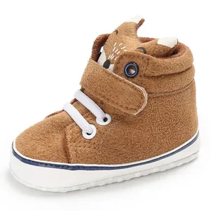 Scarpe primi passi per neonati a tema volpe marrone con suola morbida e velcro