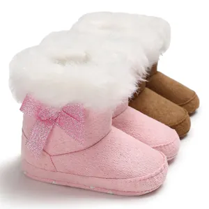 Baby Girls Winter Warm Snow Boots Cotton Fabric Faux Fur Trim Bow Toddler First Walker Shoes Soft Sole Infant Booties