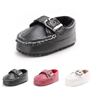 Detail view showing soft-sole baby loafers in black, red, and white for infants