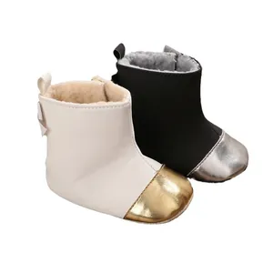 Soft sole winter baby walker boots with warm faux fur lining in beige and black colors