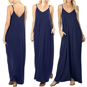 Detailed view of a navy blue sleeveless maxi dress with pockets and thin straps.