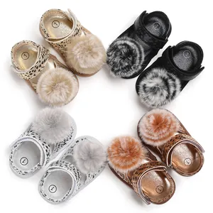 Selection of leopard print baby sandals with fluffy faux fur pom-poms in four colors.