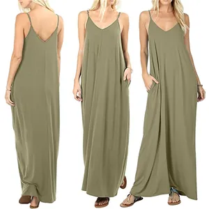 Detail view of olive green loose casual maxi dress with pockets and spaghetti straps