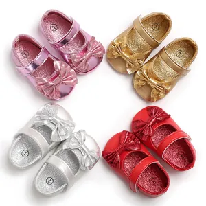 Chaussures Premier Pas pour Bébé Fille en Cuir PU Nœud Papillon Princesse Mary Jane Semelle Souple Antidérapante Mariage