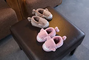 Two pairs of cute cartoon shark plush slippers for kids in pink and khaki