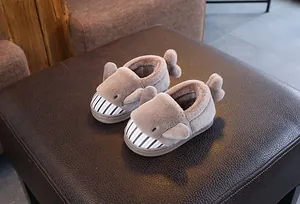 Cute shark cartoon plush children's winter slippers with soft warm faux fur lining