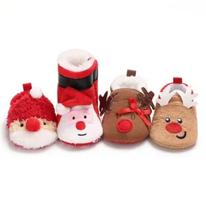 Group of festive Christmas baby shoes featuring Santa and Reindeer designs for winter.