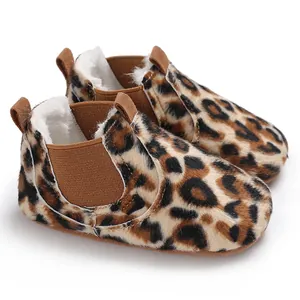 Cozy leopard print plush baby booties with soft lining for winter infant walking