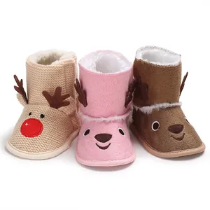 Three colors of cute cartoon reindeer baby winter boots with soft soles and plush lining.