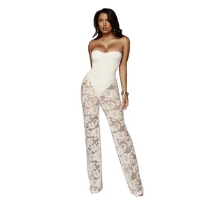 Elegante conjunto sexy blanco de 3 piezas con pantalones anchos de encaje para mujer