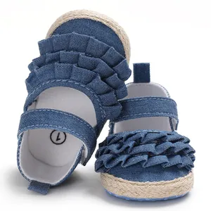 Detailed view of blue denim baby girl walker shoes with elegant ruffle design and soft sole