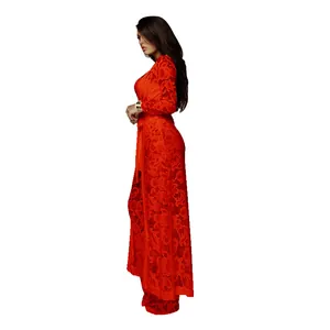 Conjunto sexy de encaje rojo de 3 piezas con pantalón ancho y cárdigan de perfil