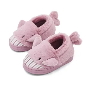 Cute pink whale plush slippers for children's indoor winter warm indoor cotton shoes