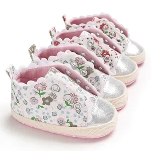Infant girls floral walker shoes with silver glitter toe and soft pink soles