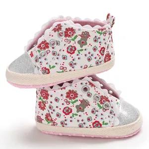 Detail of baby girl walker shoes with red floral print and silver glitter toe caps.