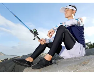 Quick-dry outdoor water shoes for men, shown in a realistic fishing scenario on rocks.