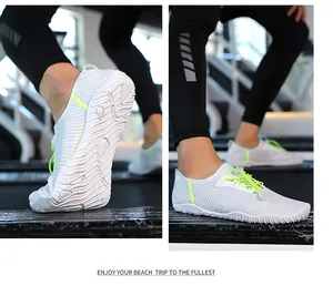 Quick-dry white water shoes for beach and treadmill use with neon green laces detail view.