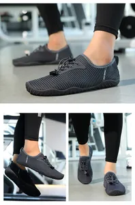 Detailed views of gray striped quick-dry water shoes for beach, swimming and gym use