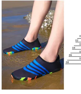 Detail van zwarte waterschoenen met blauwe strepen en camouflagezool