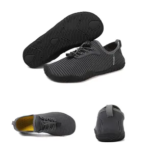 Multi-angle detailed views of grey striped quick-dry outdoor water shoes with non-slip soles