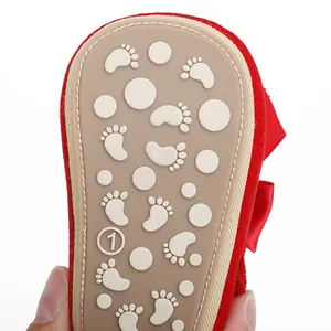 Gedetailleerde macro-opname van antislip babyschoenzool met schattig voetafdrukpatroon