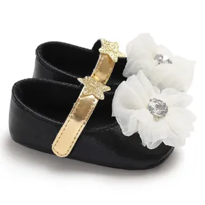 Detailed view of black PU baby princess shoes with white mesh flower and gold star strap