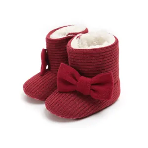 Baby Winter Warm Fleece Cotton Snow Boots Soft Sole Bowknot Infant Walking Shoes Ribbed Knit Anti Slip Toddler Boots