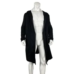 Front view of black long-sleeved hooded cardigan for men on white mannequin.