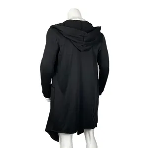 Back view of a minimalist long black hooded cardigan showing hood and longline silhouette