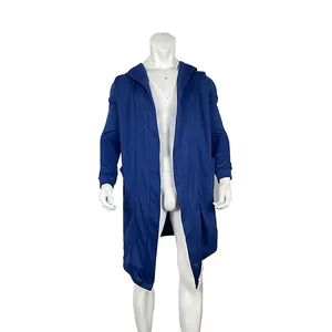 Front view of a men's long blue hooded fleece cardigan on a white mannequin