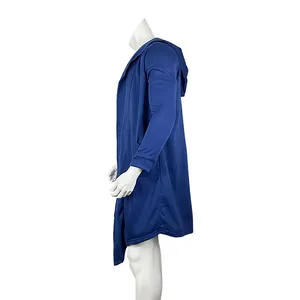 Side profile of a blue long-sleeved hooded cardigan for men with warm fleece lining
