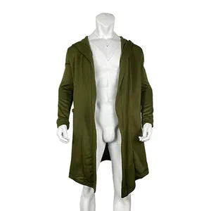 Detailed macro view of this premium olive green fleece hooded cardigan for men.