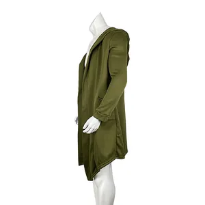 Detailed side view of army green men's hooded long sweatshirt cardigan on mannequin