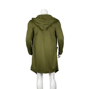 Back view of men's olive green long hooded fleece sweatshirt cardigan jacket for winter
