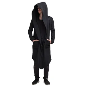 Mens long black hooded fleece cardigan jacket with asymmetric hem and side pockets