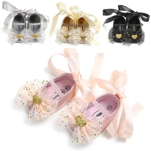 Säuglings-Baby-Mädchen Prinzessinnen-Schuhe Glitzer Kunstleder Netzschleife Satinband Bindung Weiche Sohle Lauflernschuhe