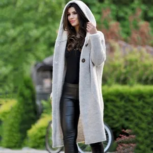 Detail showing the chunky knit texture and hood design of the ladies grey long cardigan.