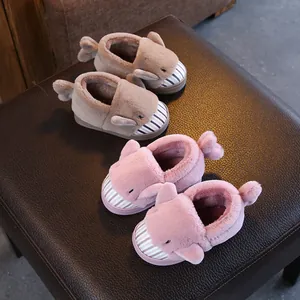 Cute cartoon whale-shaped plush slippers for kids, warm winter indoor footwear for boys girls