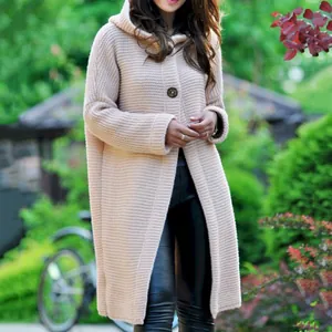 Detailed view of beige hooded long knit cardigan sweater with large button closure