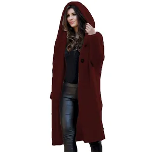 Full length front view of stylish long burgundy hooded knitted cardigan for women worn by model