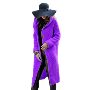 Long purple hooded knit cardigan sweater for women in chunky ribbed style